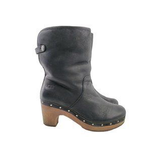 UGG Women's Black Lynnea Leather Shearling Lined Wooden Clog Boot Size 8